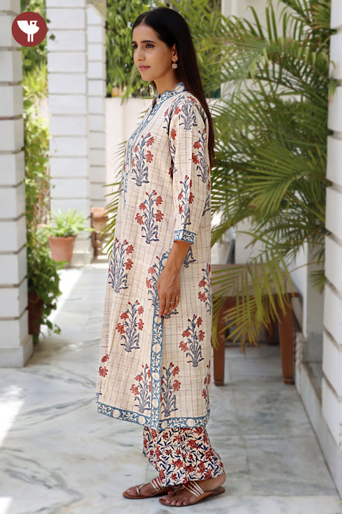 Tussar Silk Kurta Pant with Dupatta in Block Print