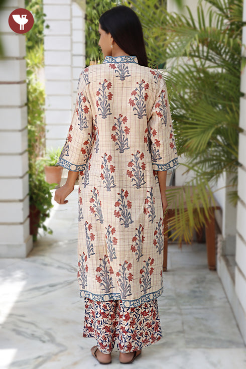 Tussar Silk Kurta Pant with Dupatta in Block Print