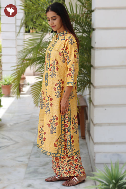 Tussar Silk Kurta Pant with Dupatta in Block Print