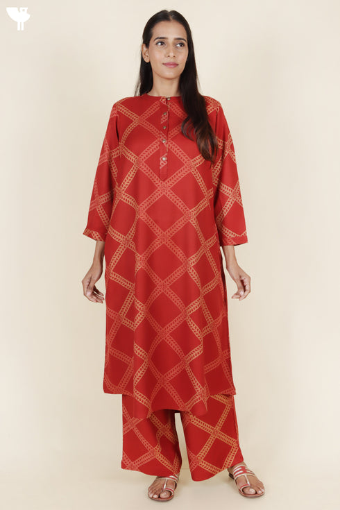 Rayon Twill Red Kurta and Pant Set With Block Print