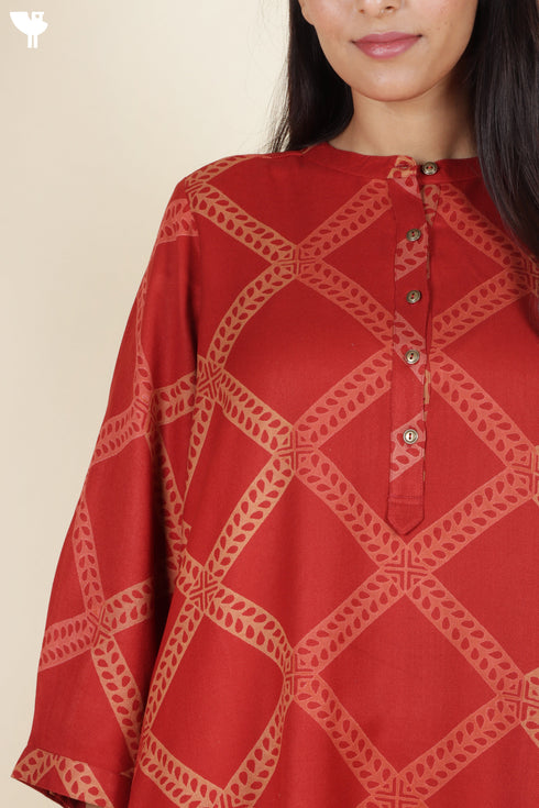Rayon Twill Red Kurta and Pant Set With Block Print