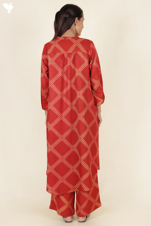 Rayon Twill Red Kurta and Pant Set With Block Print