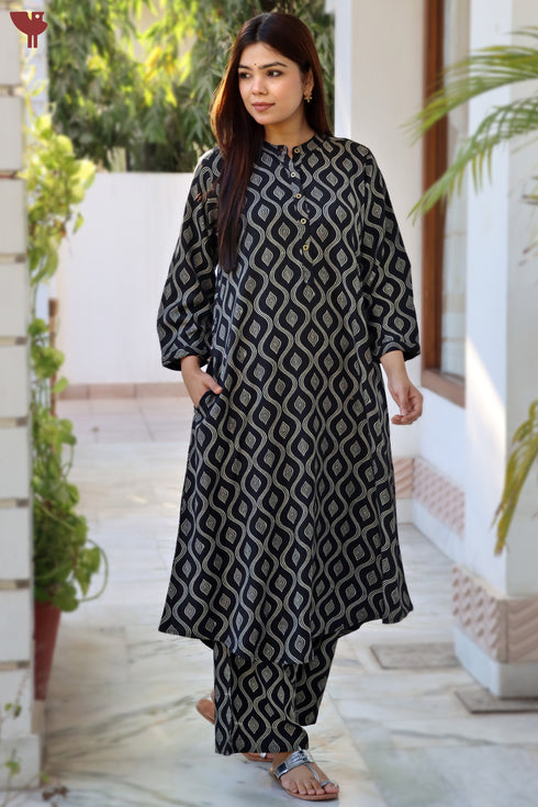 Rayon Twill Black Kurta and Pant Set