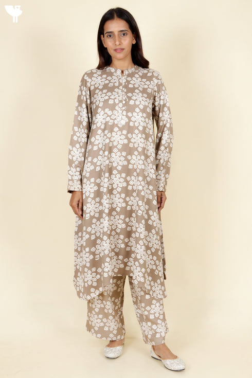 Rayon Twill Taupe Kurta and Pant Set With Block Print