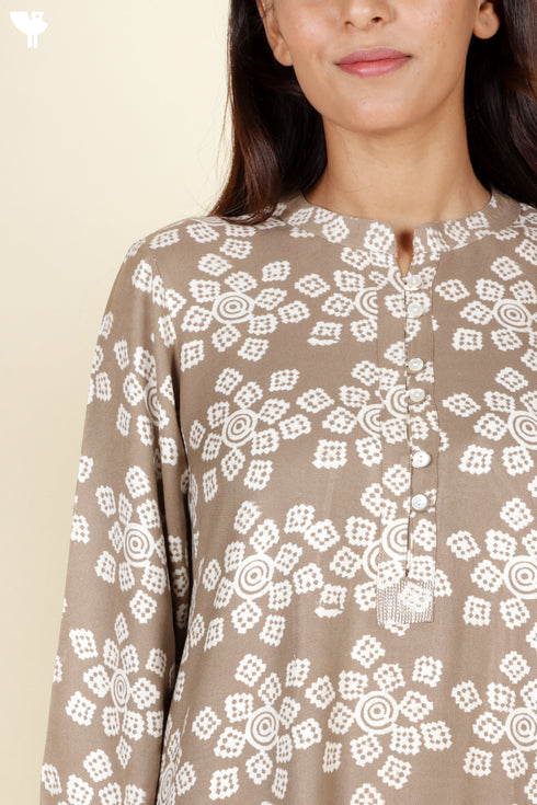 Rayon Twill Taupe Kurta and Pant Set With Block Print