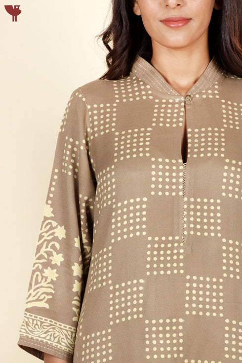 Rayon Twill Warm Taupe Kurta And Pant Set With Geometric Block Print