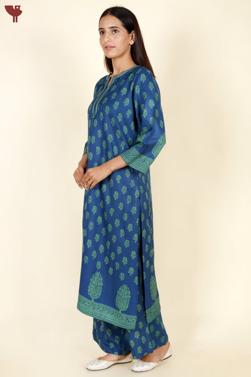 Rayon Twill Kurta and Pant Set in Block Print Indigo Blue