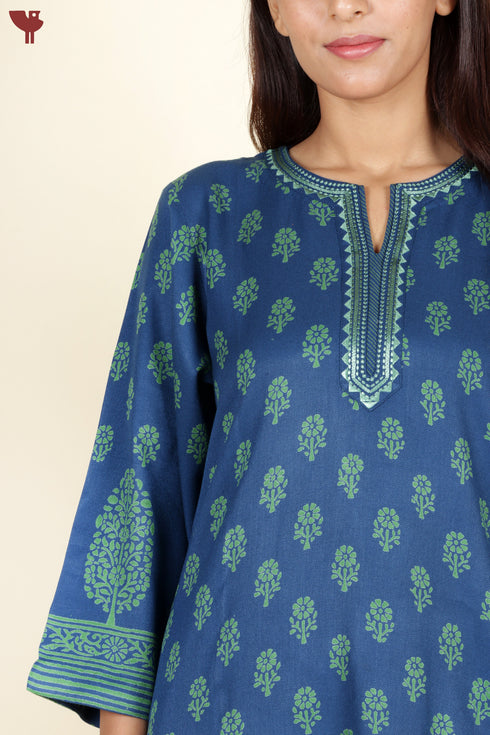 Rayon Twill Kurta and Pant Set in Block Print Indigo Blue