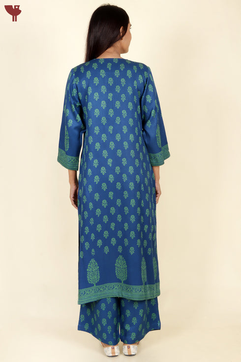 Rayon Twill Kurta and Pant Set in Block Print Indigo Blue