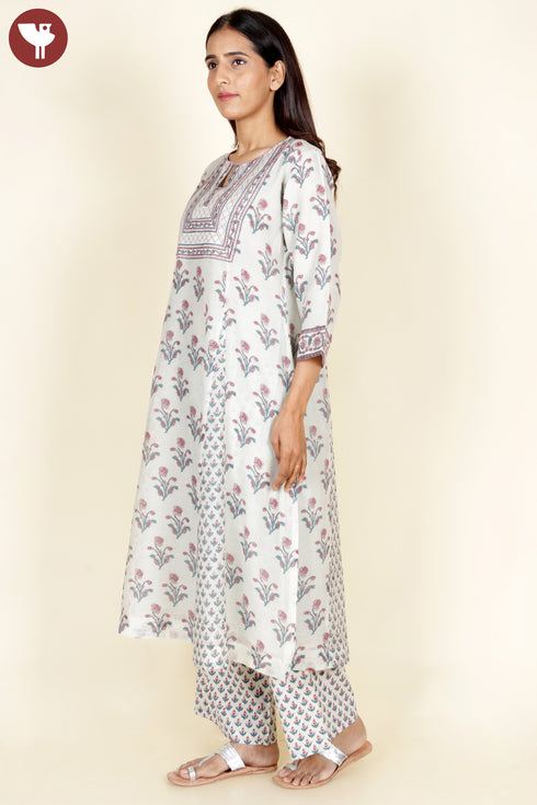 Chanderi Silk Kurta Pant With Dupatta In Floral Block Print