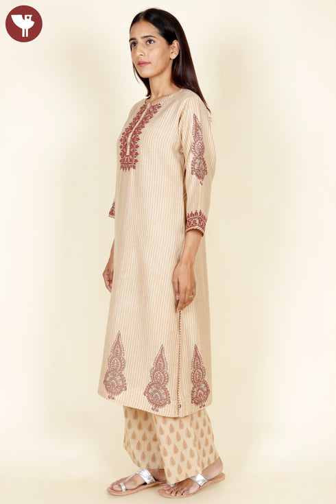 Chanderi Silk Kurta Pant With Dupatta In Embroidery and Floral Block Print