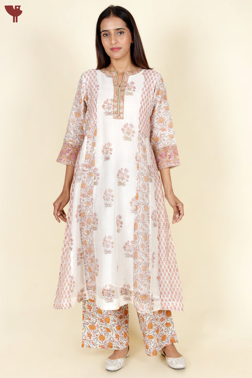 Chanderi Silk Kurta Pant With Dupatta In Floral Block Print