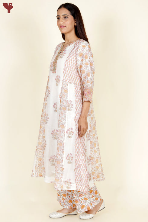 Chanderi Silk Kurta Pant With Dupatta In Floral Block Print