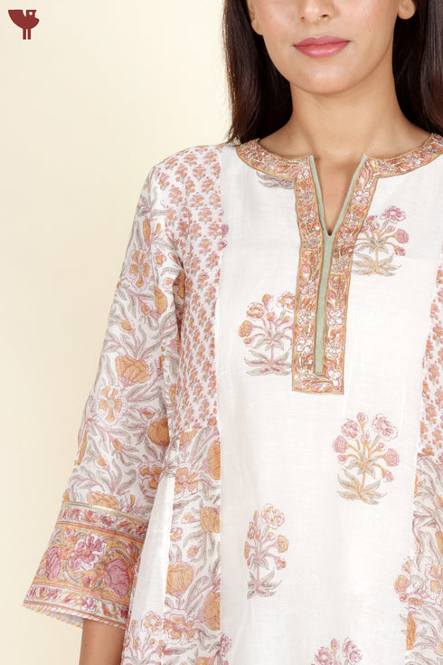 Chanderi Silk Kurta Pant With Dupatta In Floral Block Print