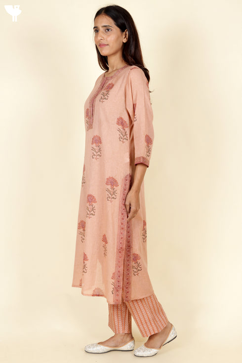 Mulmul Cotton Kurta Pant And Dupatta Set In Block Print