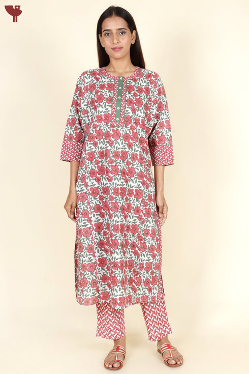 Cambric Cotton Kurta Pant With Dupatta In Floral Block Print
