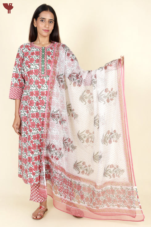 Cambric Cotton Kurta Pant With Dupatta In Floral Block Print
