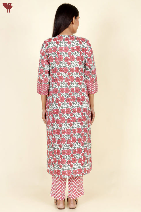 Cambric Cotton Kurta Pant With Dupatta In Floral Block Print