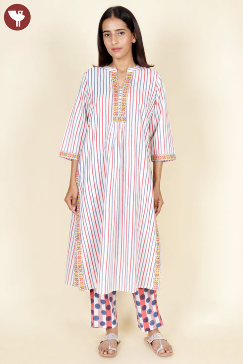 Cambric Cotton Kurta Pant With Dupatta In Striped Block Print