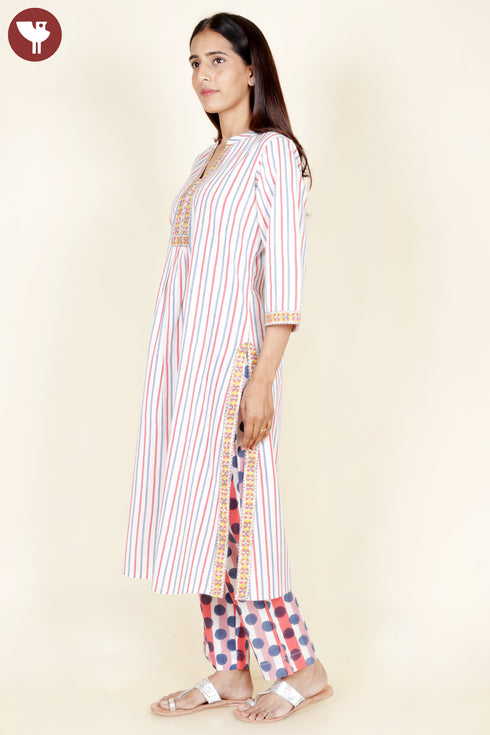 Cambric Cotton Kurta Pant With Dupatta In Striped Block Print