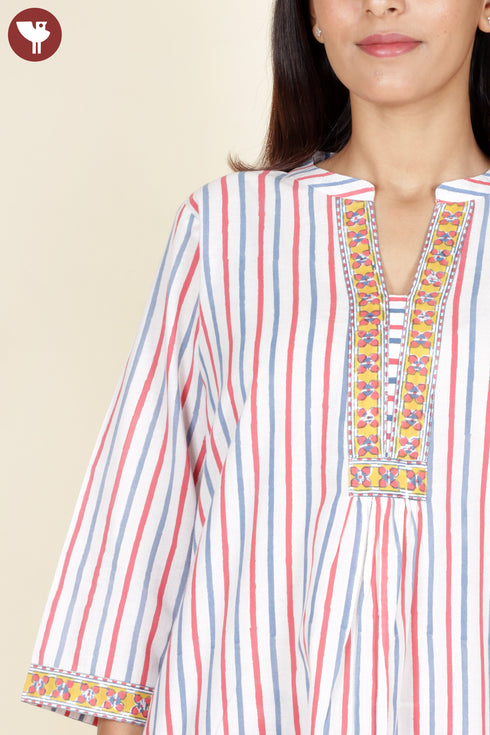 Cambric Cotton Kurta Pant With Dupatta In Striped Block Print