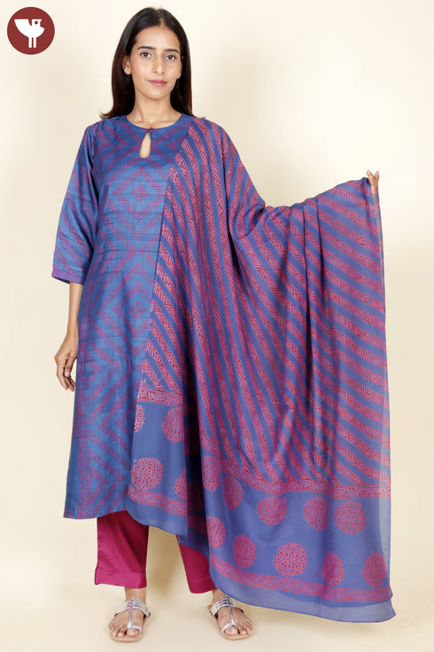 Tussar Kurta Pant With Dupatta In Block Print