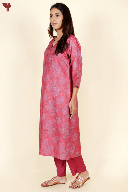 Tussar Silk Kurta Pant With Dupatta In Rose Floral Block Print