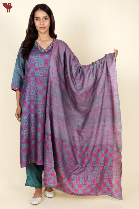 Tussar Silk Kurta Pant With Dupatta In Geometric Block Print