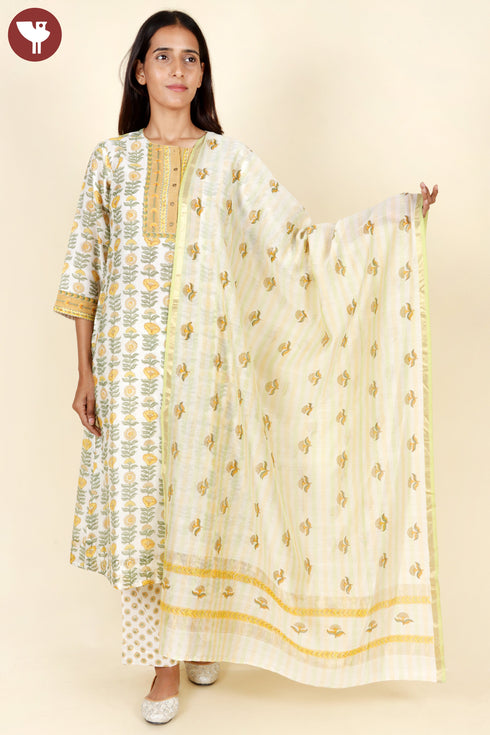 Chanderi Silk Kurta Pant With Dupatta In Floral Block Print