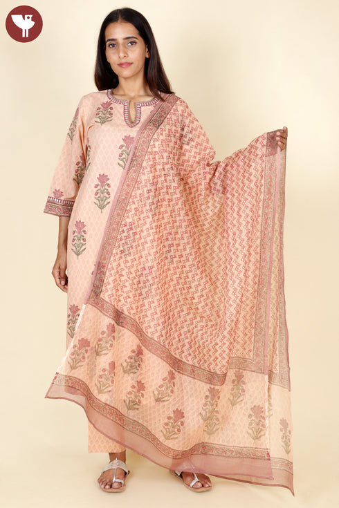 Cambric Cotton Kurta Pant With Dupatta In Floral Block Print