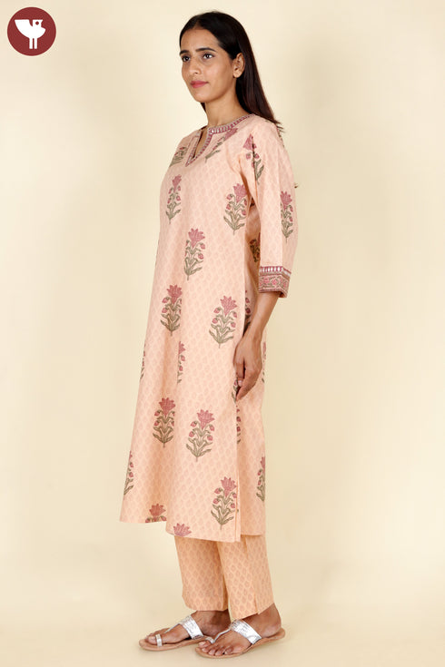 Cambric Cotton Kurta Pant With Dupatta In Floral Block Print