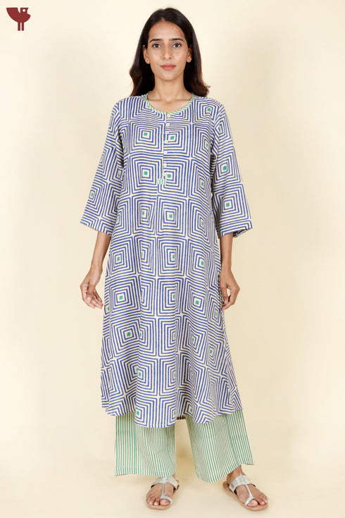 Rayon Blue Kurta And Pant Set In Geometric Block Print