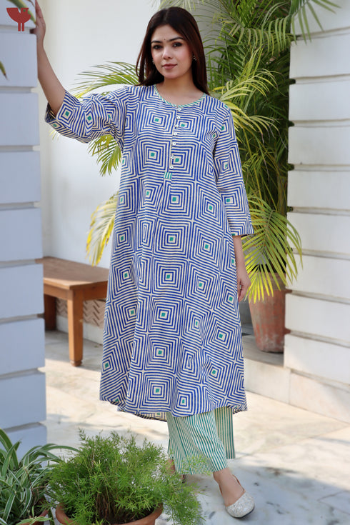 Rayon Blue Kurta And Pant Set In Geometric Block Print