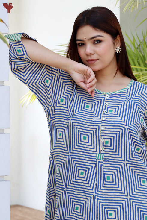 Rayon Blue Kurta And Pant Set In Geometric Block Print