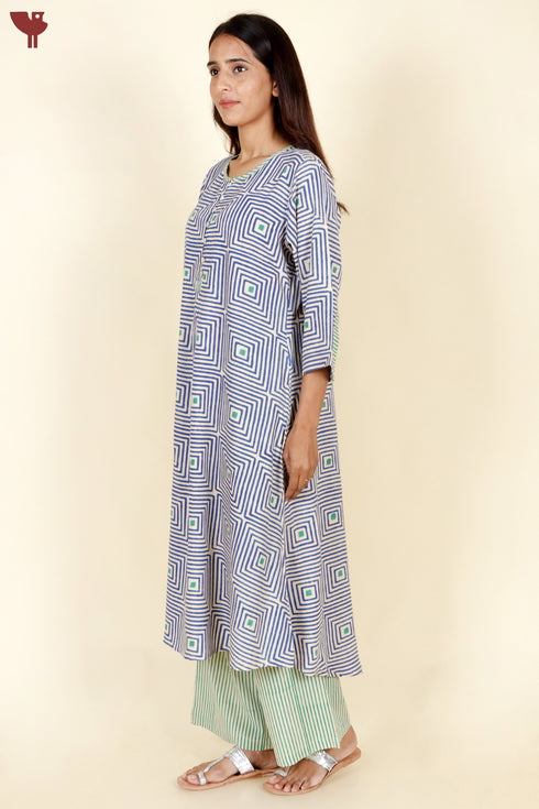 Rayon Blue Kurta And Pant Set In Geometric Block Print