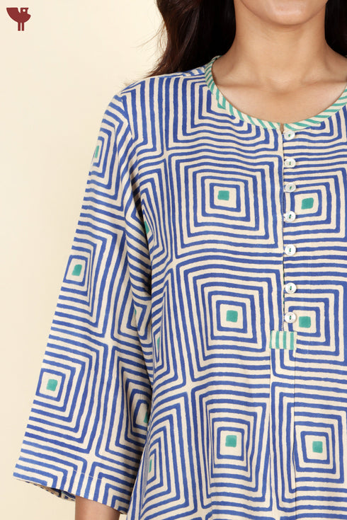 Rayon Blue Kurta And Pant Set In Geometric Block Print
