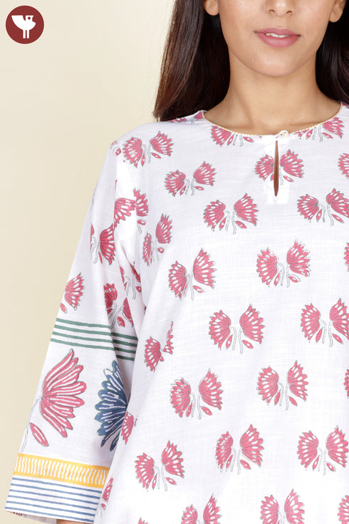 Slub Cotton Kurta Pant With Dupatta In Floral Block Print