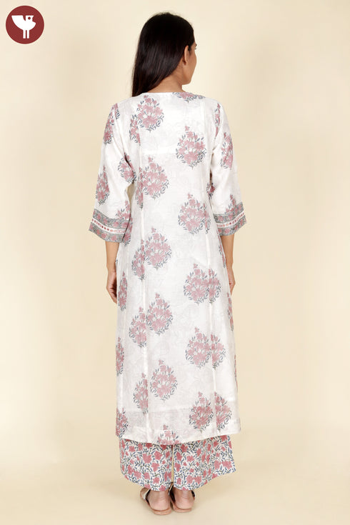 Chanderi Silk Kurta Pant With Dupatta In Floral Block Print