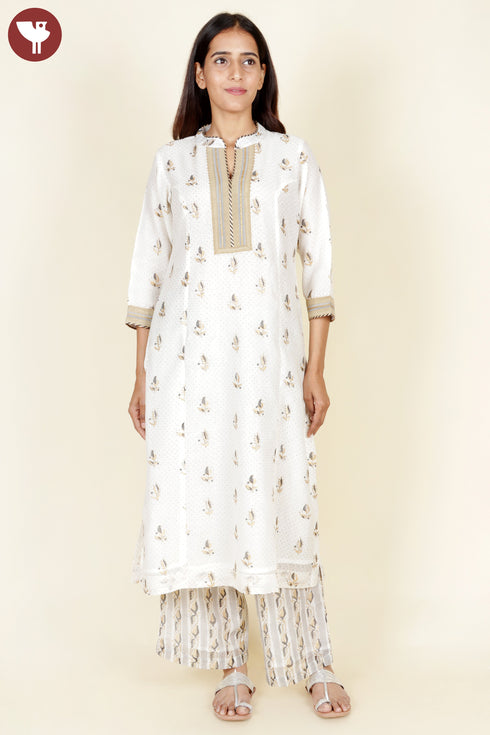 Chanderi Silk Ivory K urta Pant With Dupatta In Gota Patti