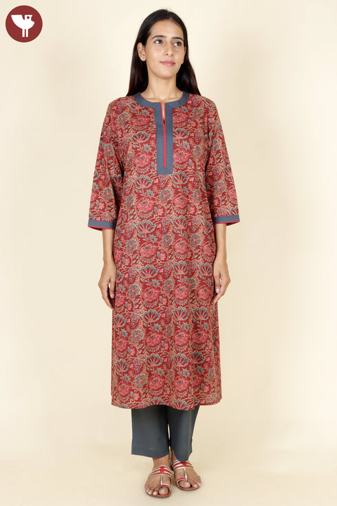 Cambric Cotton Rust Red Kurta And Pant Set In Floral Block Print