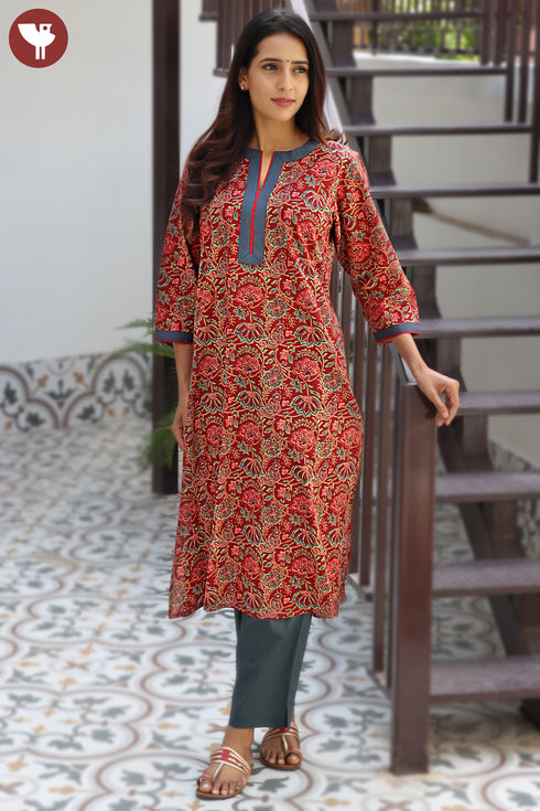 Cambric Cotton Rust Red Kurta And Pant Set In Floral Block Print