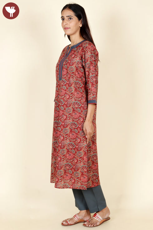 Cambric Cotton Rust Red Kurta And Pant Set In Floral Block Print