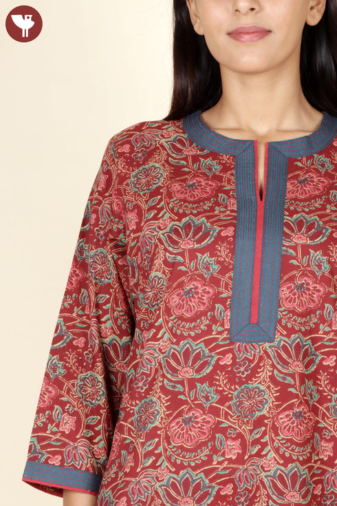 Cambric Cotton Rust Red Kurta And Pant Set In Floral Block Print