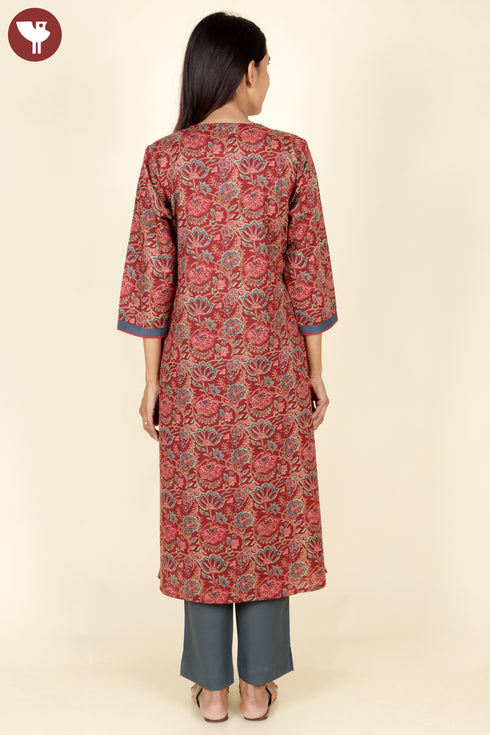 Cambric Cotton Rust Red Kurta And Pant Set In Floral Block Print