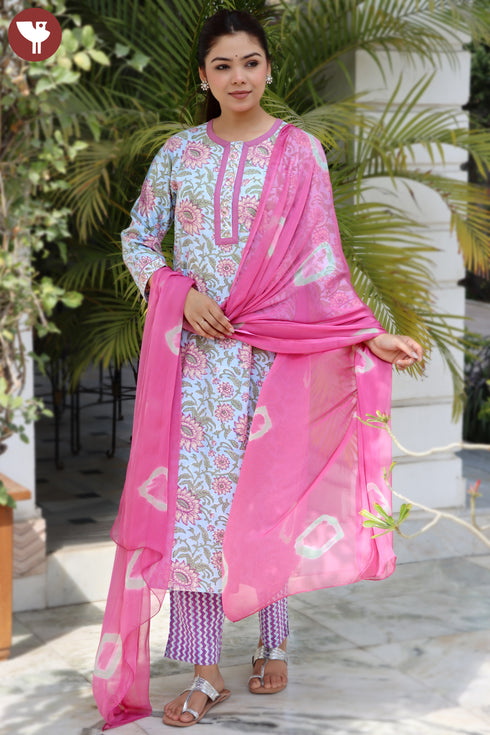 Bizzy Lizzy Kurta Pant With Dupatta In Floral Block Print
