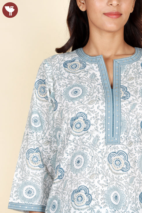 Cambric Cotton Kurta And Pant Set In Floral Block Print