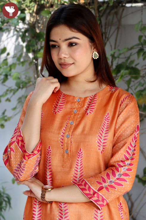 Tussar Cotton Kurta And Pant Set In Floral Block Print