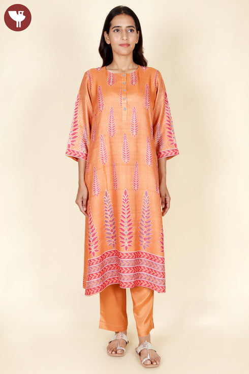 Tussar Cotton Kurta And Pant Set In Floral Block Print