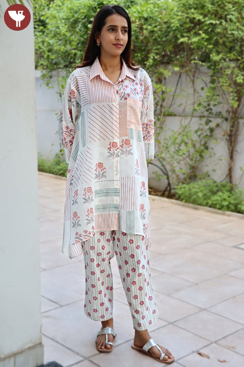 Mulmul Cotton Kurta And Pant Set In Block Print