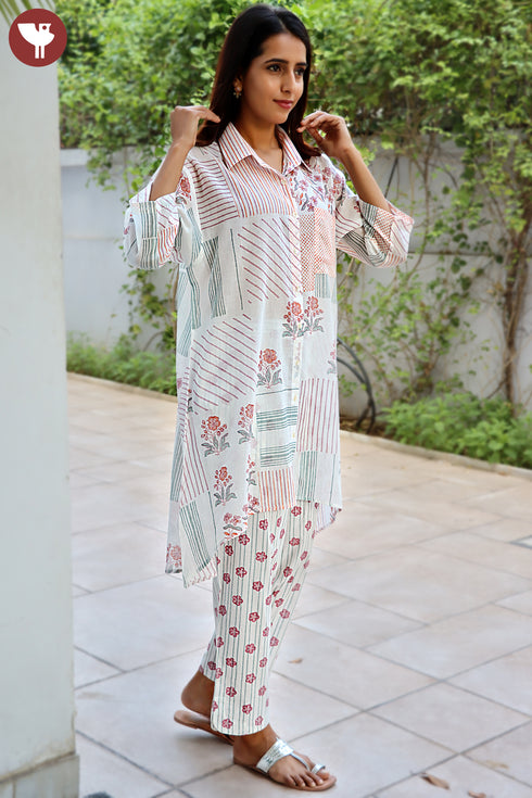 Mulmul Cotton Kurta And Pant Set In Block Print